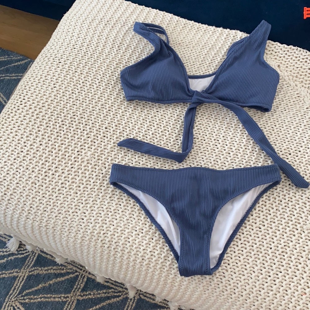 Deep Love Solid Blue Bikini Set Tie Front Beach Swimwear S